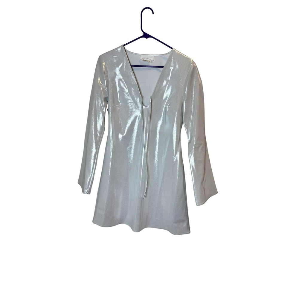 Anthropologie Dress Womens Small Silver Metallic Long Sleeve Mini Party Shift